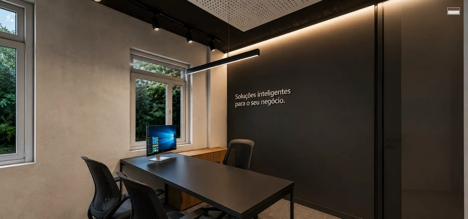 Workstation at the Porto Alegre office (TecnoPuc), with "Smart solutions for your business" on the wall